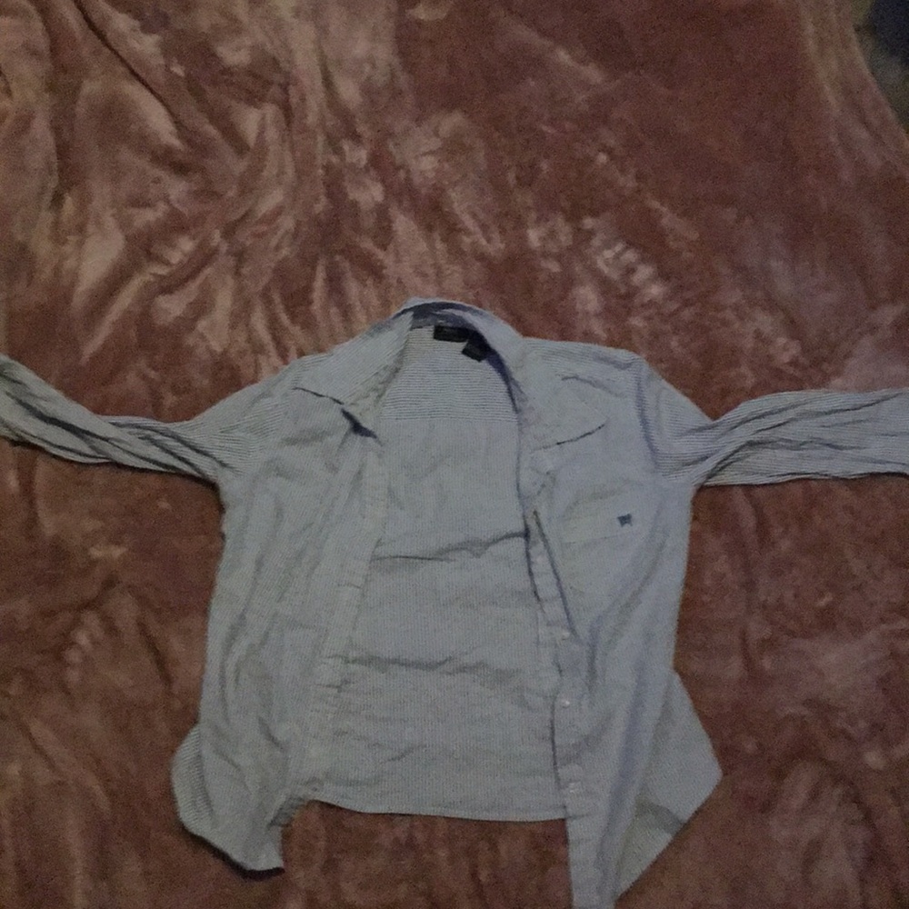 Women’s blue and white striped button-up shirt